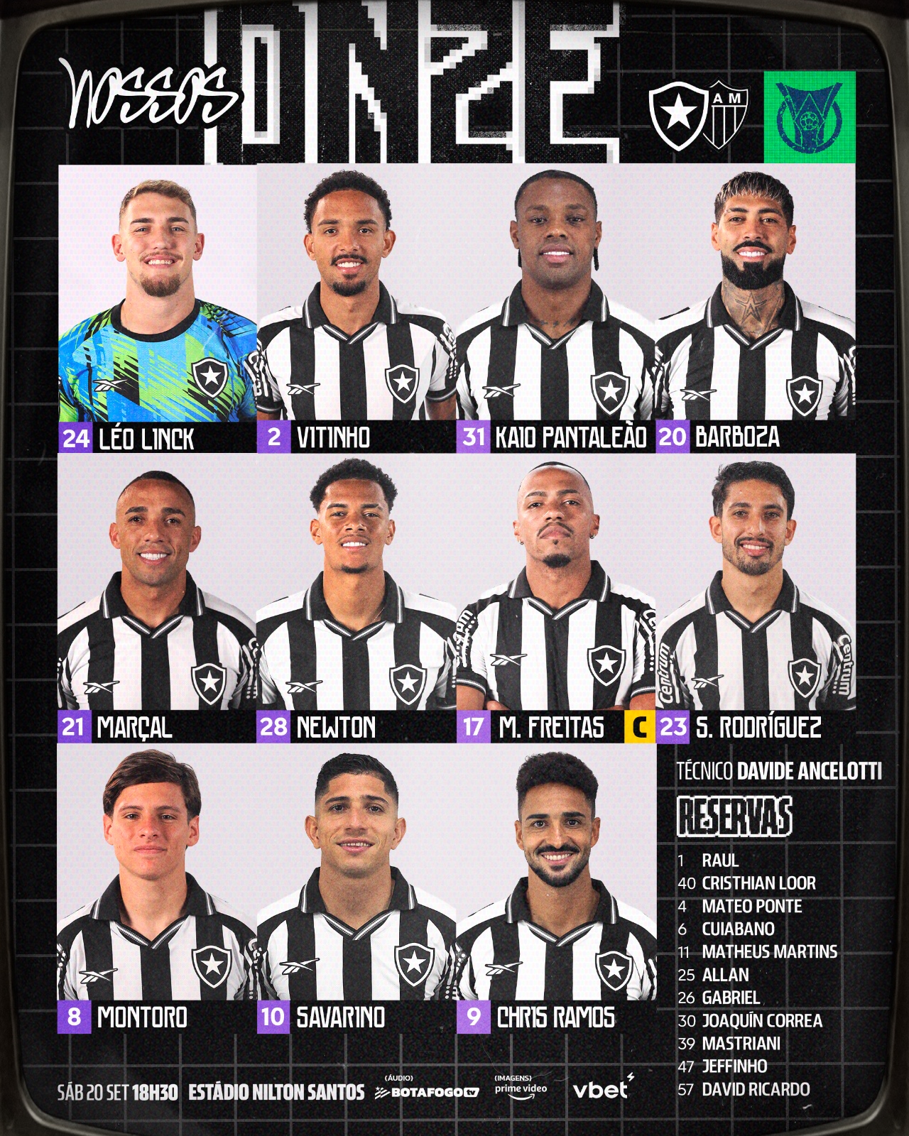 Confira as escalações de Botafogo x Atlético-MG para o jogo de daqui a pouco