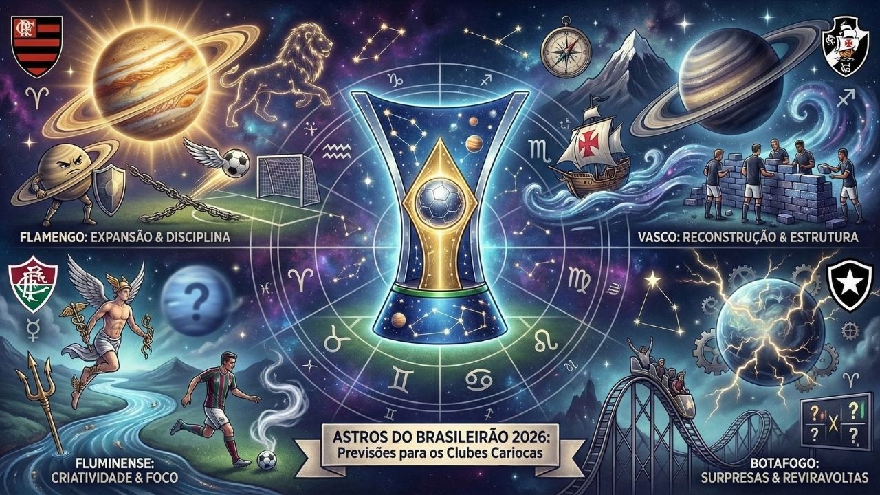 Ilustração astrológica de clubes cariocas, planetas, zodíaco, troféu, texto: 'ASTROS DO BRASILEIRÃO 2026'.