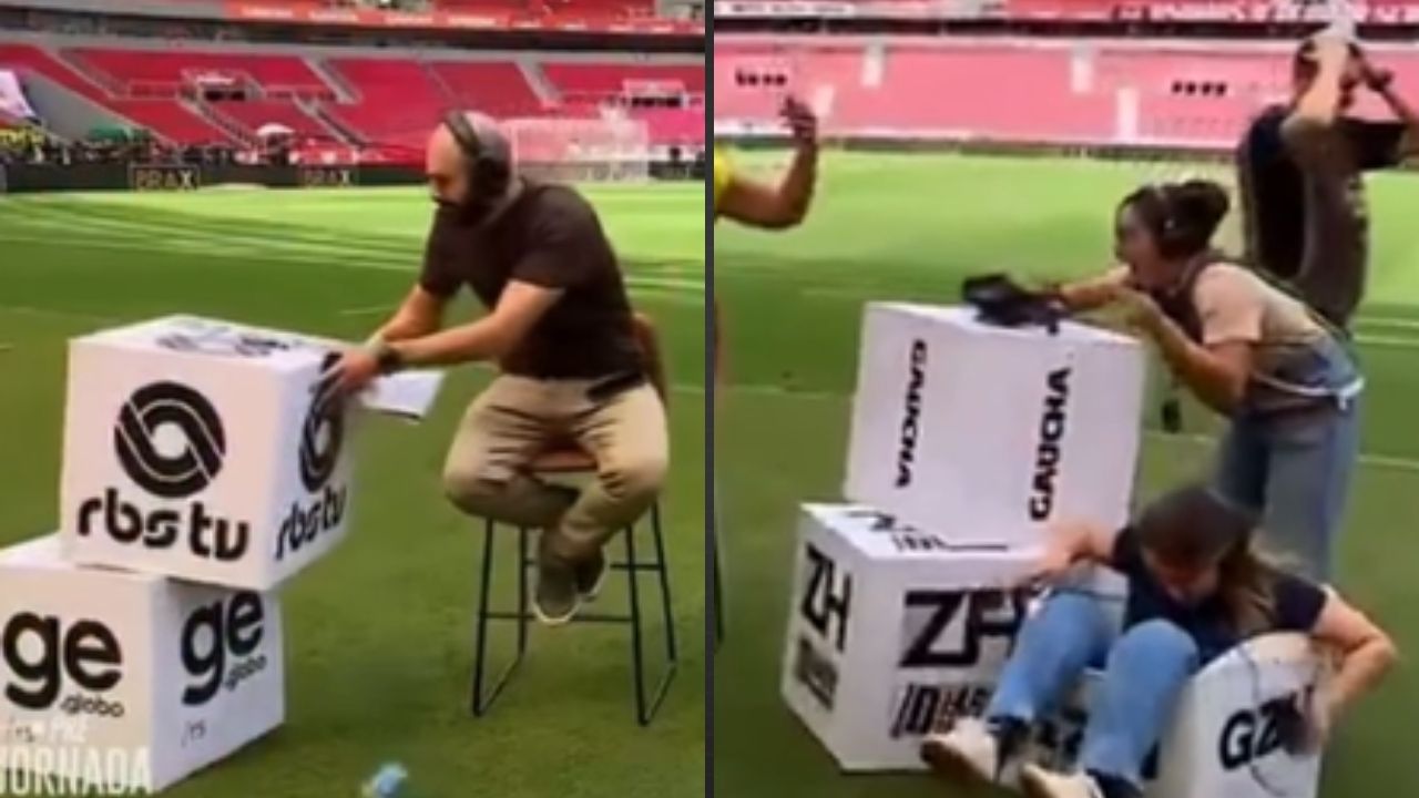 Repórter tenta salvar cenário, cai em decoração e vira meme nas redes sociais
