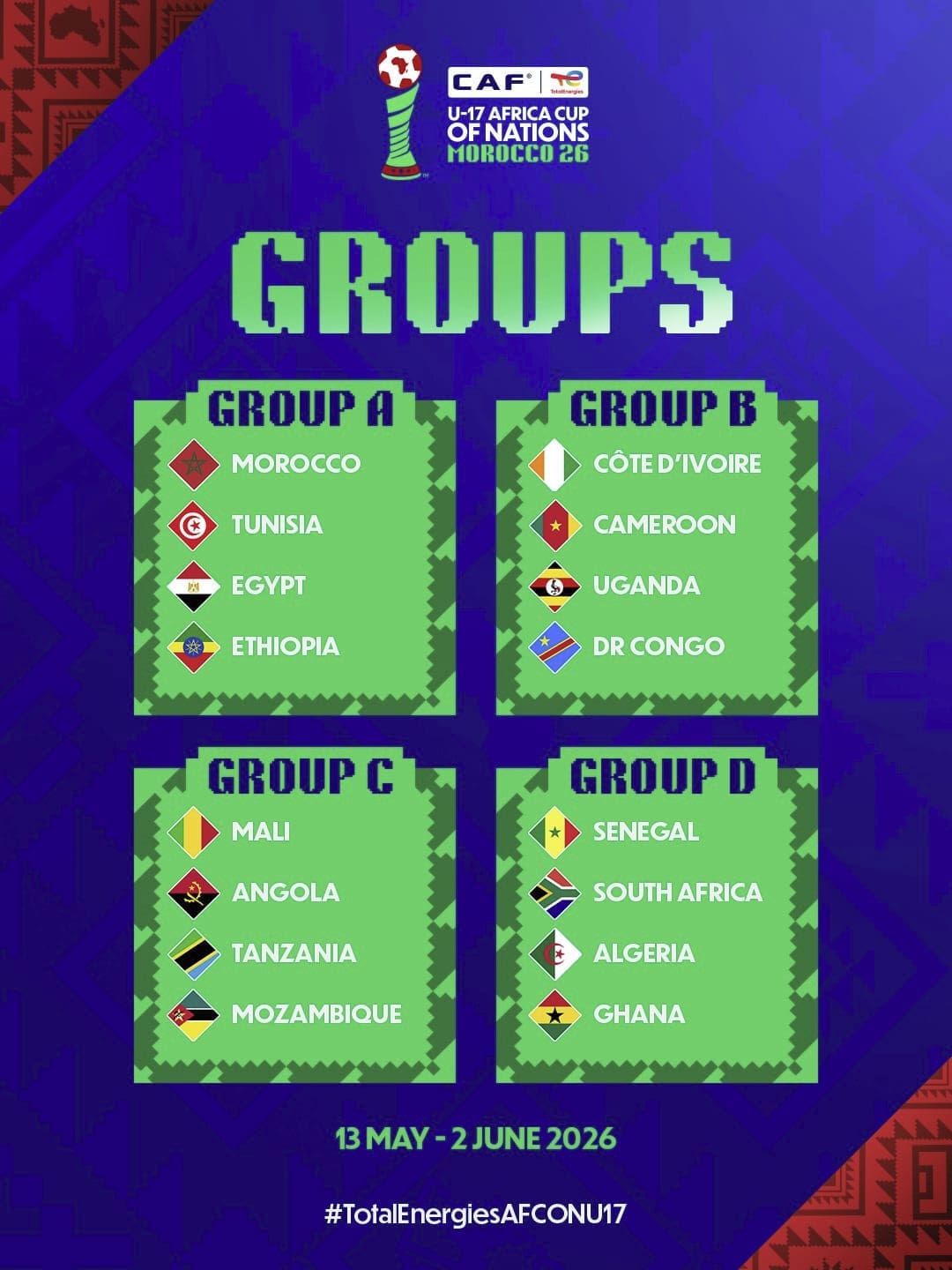 MOÇAMBIQUE VAI DEFRONTAR MALI, ANGOLA E TANZÂNIA NO GRUPO C DO CAN SUB-17 MARROCOS 2026