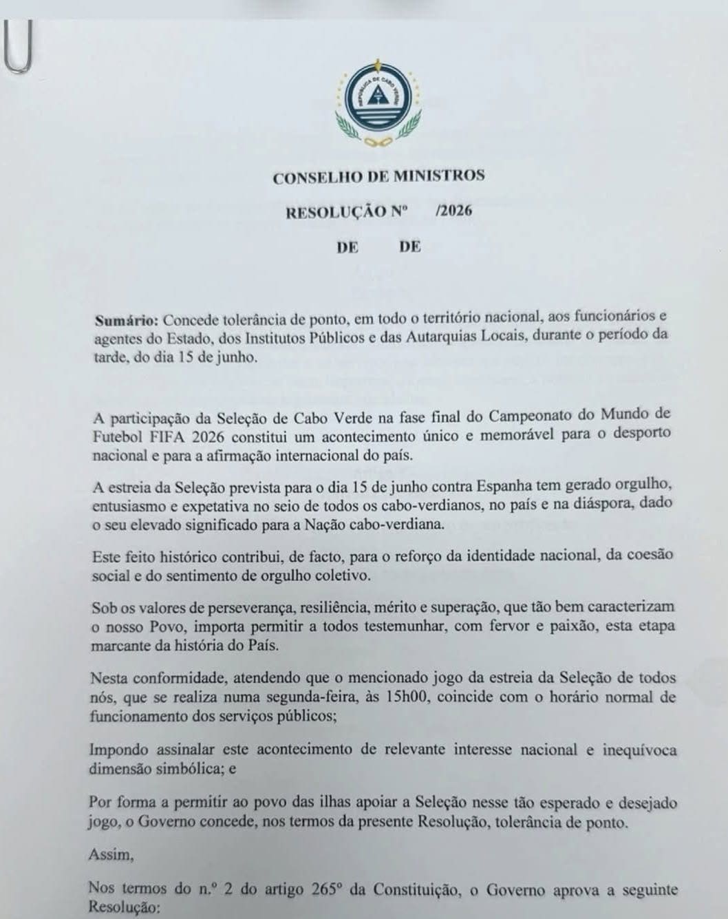 Cabo Verde Concede Tolerância de Ponto para Estreia no Mundial