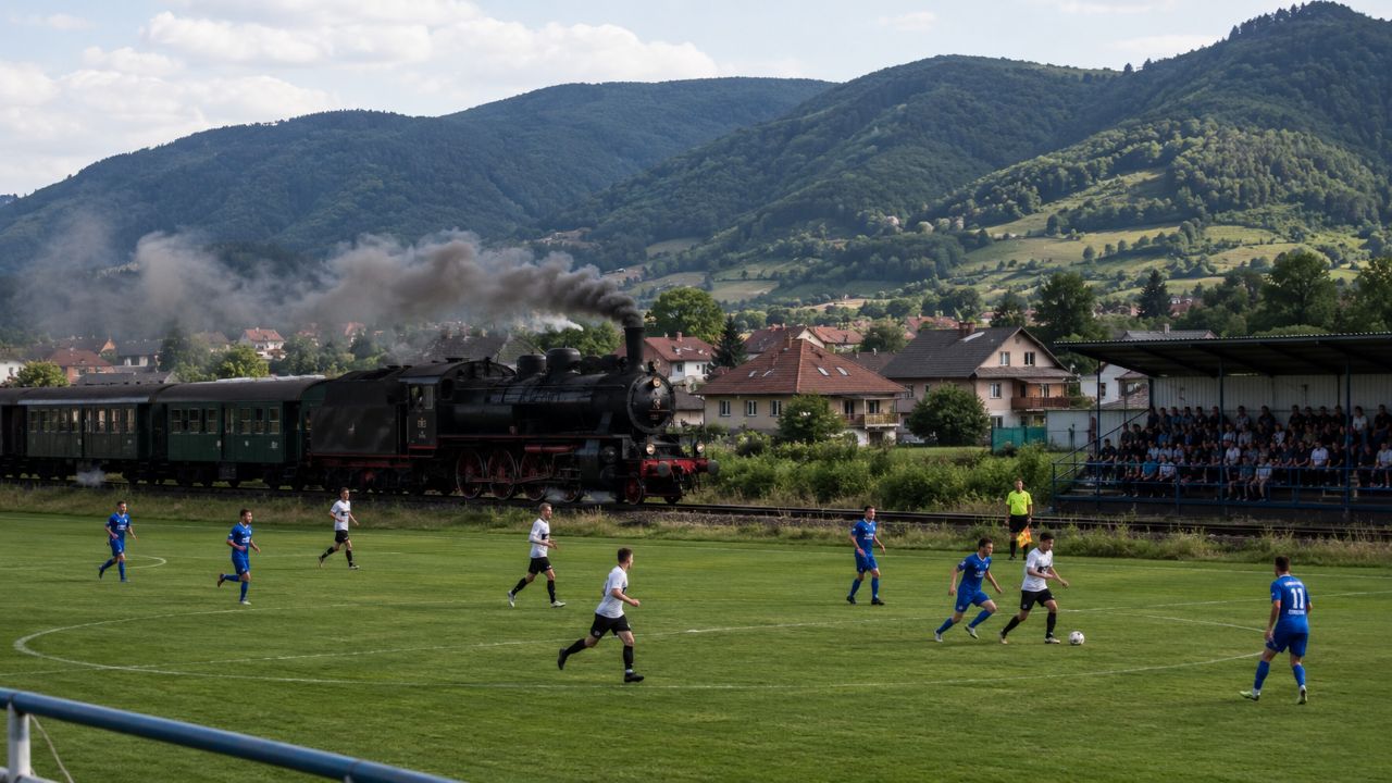 Trem histórico passa entre o campo e a arquibancada de um estádio na Eslováquia